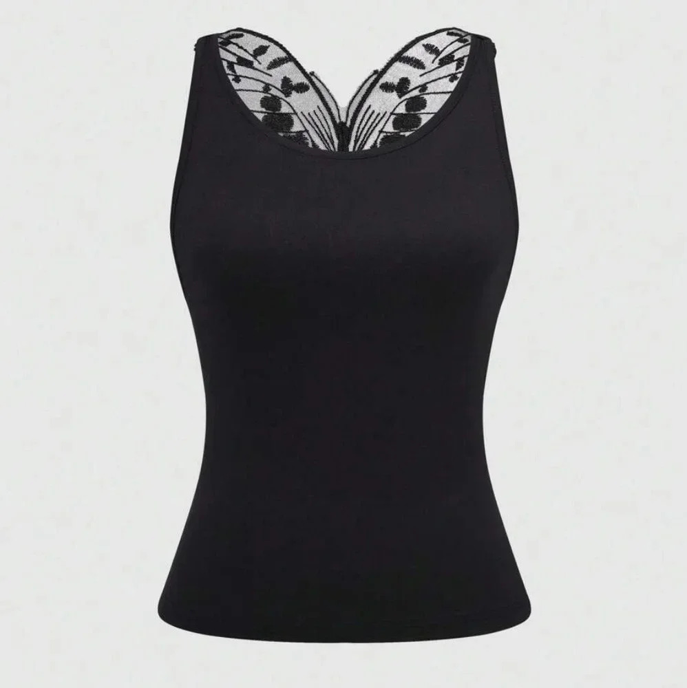Women's Summer Butterfly Embroidery Mesh Insert Round Neck Sleeveless Tank Top - Picture 2 of 5